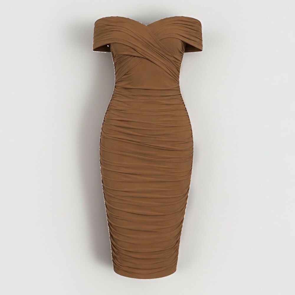 Mocha Tan Ruched Mini Dress XXL Satin Look Bodycon Strapless Party Y2K